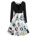 Long Sleeve Skull Print Dress - Black