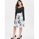 Long Sleeve Skull Print Dress - Black