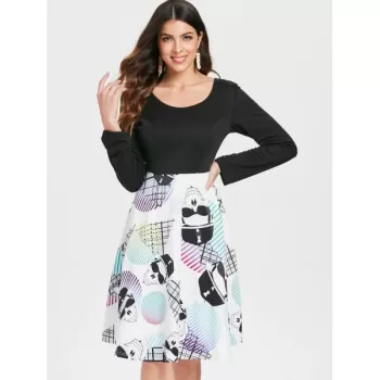 Long Sleeve Skull Print Dress - Black