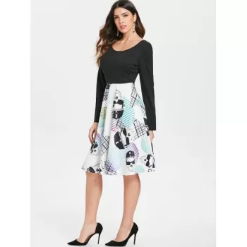 Long Sleeve Skull Print Dress - Black