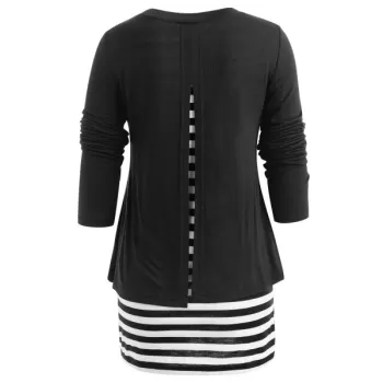 Long leeve triped Panel Plain T-shirt - Black