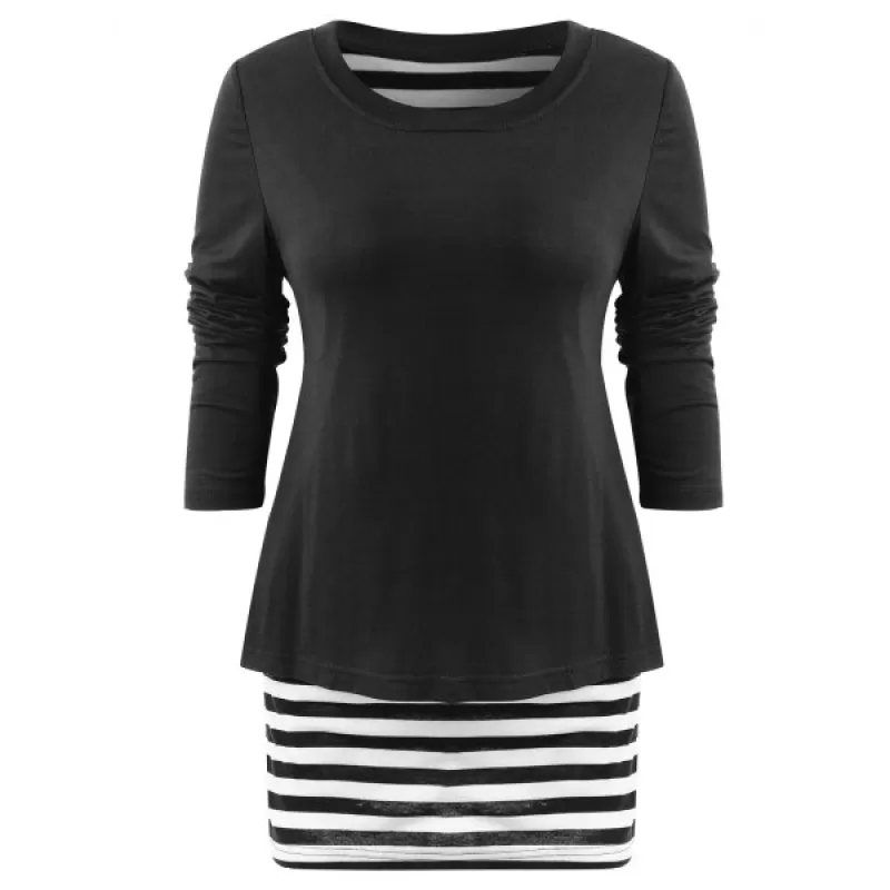 Long leeve triped Panel Plain T-shirt - Black