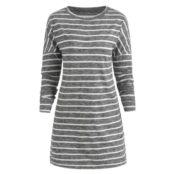 Long Sleeve Striped Print Casual Dress - Gray