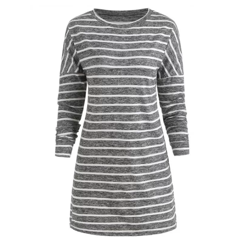 Long Sleeve Striped Print Casual Dress - Gray