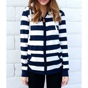 Long Sleeve Striped Zippered Women's Hoodie - Blue And White