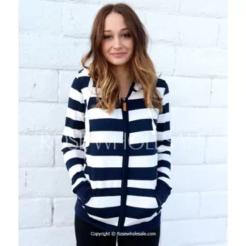 Long Sleeve Striped Zippered Women's Hoodie - Blue And White