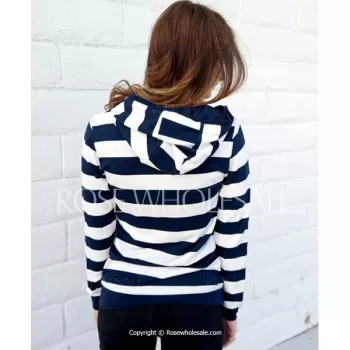Long Sleeve Striped Zippered Women's Hoodie - Blue And White