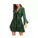Long leeve V Neck Leopard Print Dress - hamrock Green