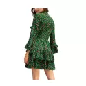 Long leeve V Neck Leopard Print Dress - hamrock Green