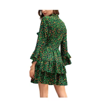 Long leeve V Neck Leopard Print Dress - hamrock Green
