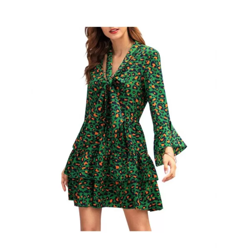 Long leeve V Neck Leopard Print Dress - hamrock Green