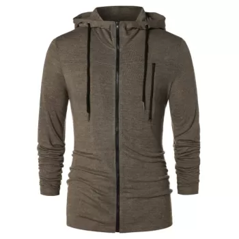 Long Sleeve Zipper Drawstring Hoodie - Taupe