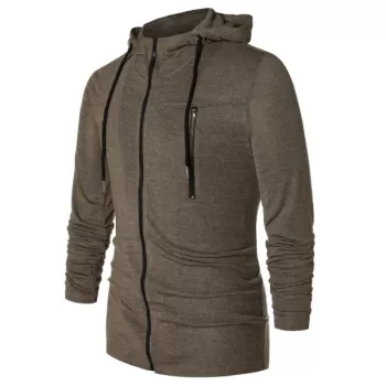 Long Sleeve Zipper Drawstring Hoodie - Taupe