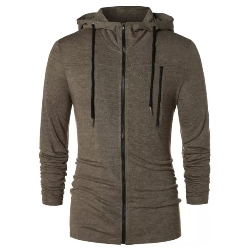 Long Sleeve Zipper Drawstring Hoodie - Taupe