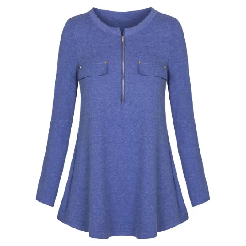 Long Sleeve Zipper Tunic T-shirt - Blue
