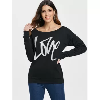 Love Pattern Dropped Shoulder Sweatshirt - Black
