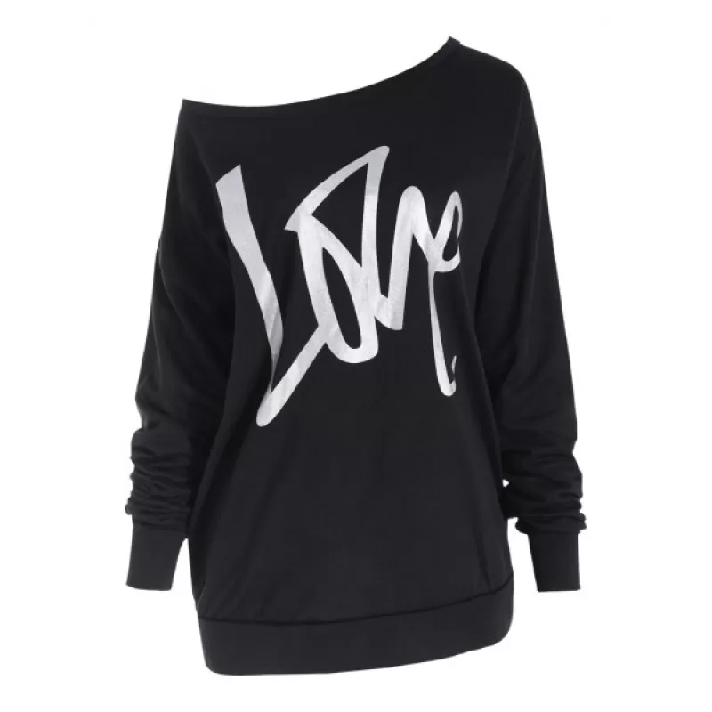 Love Pattern Dropped Shoulder Sweatshirt - Black