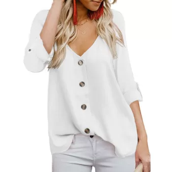 Low Cut Button Up Roll Up leeve Blouse - White