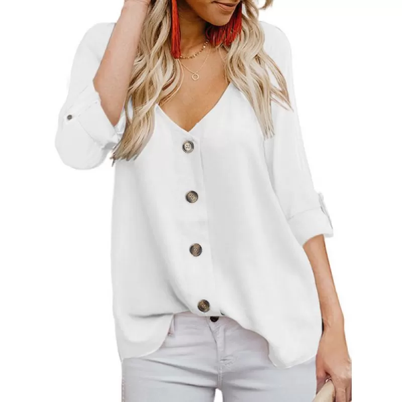 Low Cut Button Up Roll Up leeve Blouse - White