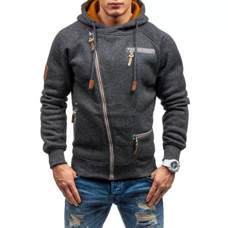 Men Hooded weater Personality ide Zipper Black Gray - Gray