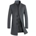 Men's  Autumn and Winter Woolen Single Row Buckle Long Slim Coat - Gray
