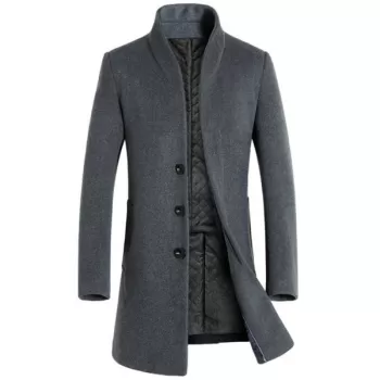 Men's  Autumn and Winter Woolen Single Row Buckle Long Slim Coat - Gray