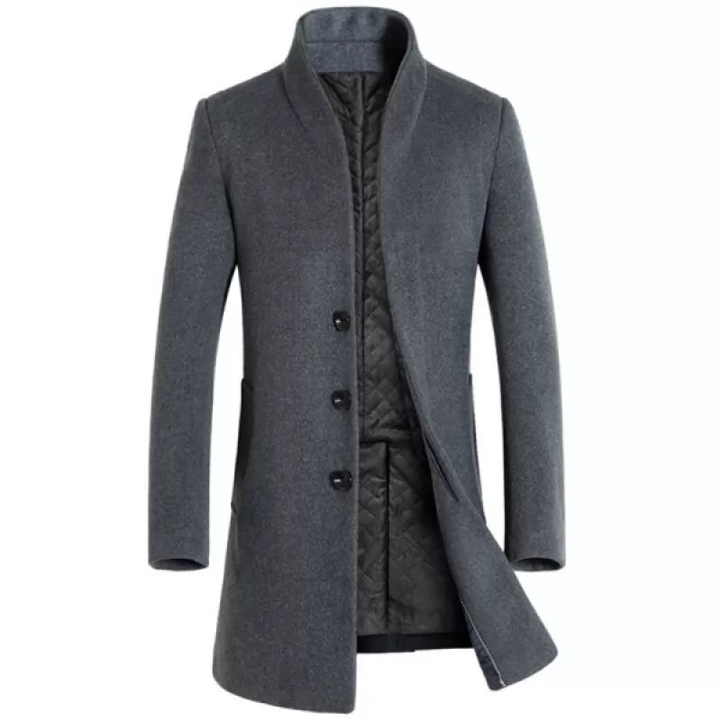 Men's  Autumn and Winter Woolen Single Row Buckle Long Slim Coat - Gray