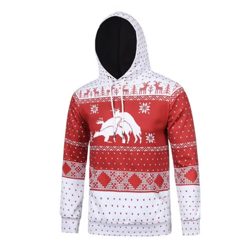 Men's Creative Personality Deer 3D Christmas Carnival Hoodie - Valentine Red