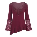 Mesh Embroidery Lace Panel Flounce Long leeve Tee - Red Wine