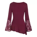 Mesh Embroidery Lace Panel Flounce Long leeve Tee - Red Wine