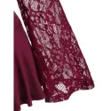Mesh Embroidery Lace Panel Flounce Long leeve Tee - Red Wine