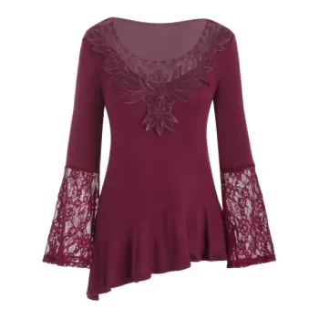 Mesh Embroidery Lace Panel Flounce Long leeve Tee - Red Wine