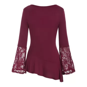 Mesh Embroidery Lace Panel Flounce Long leeve Tee - Red Wine