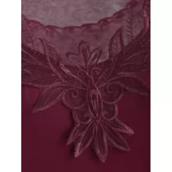 Mesh Embroidery Lace Panel Flounce Long leeve Tee - Red Wine