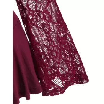 Mesh Embroidery Lace Panel Flounce Long leeve Tee - Red Wine