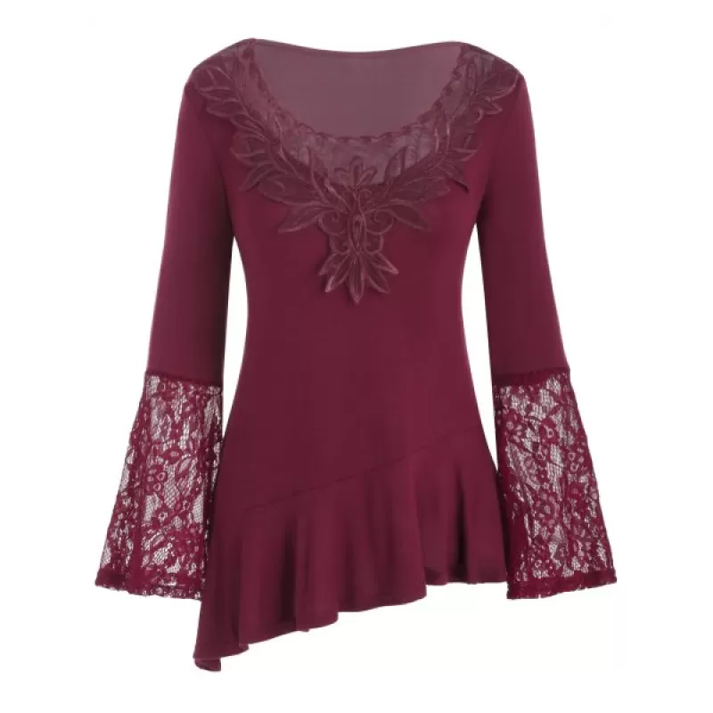 Mesh Embroidery Lace Panel Flounce Long leeve Tee - Red Wine