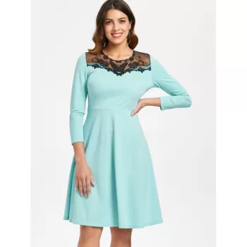 Mesh Insert Butterfly Embroidered Flare Dress - Coral Blue