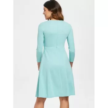 Mesh Insert Butterfly Embroidered Flare Dress - Coral Blue