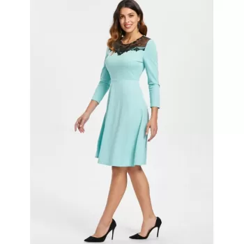 Mesh Insert Butterfly Embroidered Flare Dress - Coral Blue