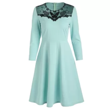 Mesh Insert Butterfly Embroidered Flare Dress - Coral Blue