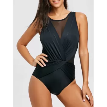 Mesh Insert urplice One Piece wimsuit - Black