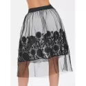 Mesh Overlap ace Applique Midi Skirt - Black