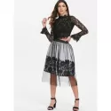 Mesh Overlap ace Applique Midi Skirt - Black