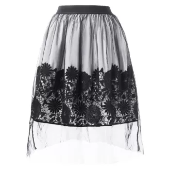 Mesh Overlap ace Applique Midi Skirt - Black