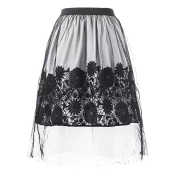 Mesh Overlap ace Applique Midi Skirt - Black