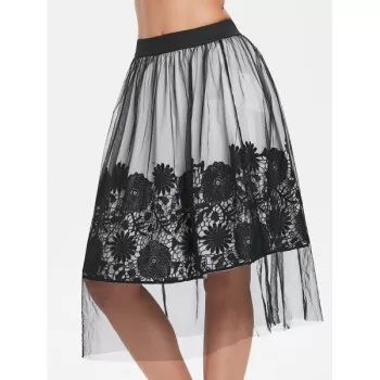 Mesh Overlap ace Applique Midi Skirt - Black