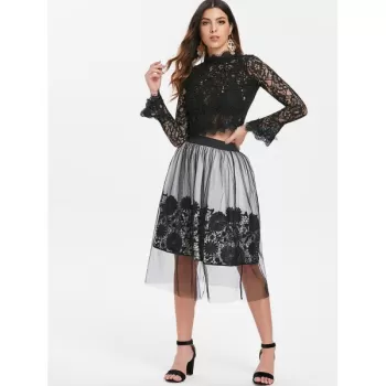 Mesh Overlap ace Applique Midi Skirt - Black