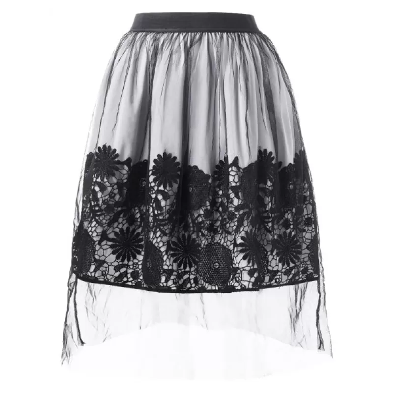 Mesh Overlap ace Applique Midi Skirt - Black