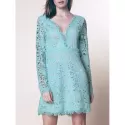 ini Plunge Long Sleeve Lace Backless Dress - Green