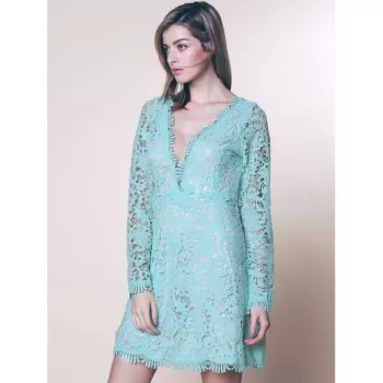 ini Plunge Long Sleeve Lace Backless Dress - Green